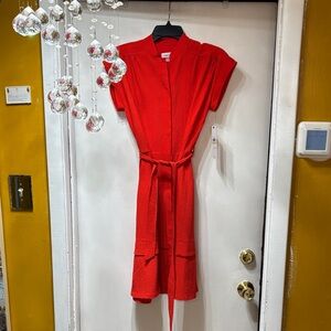 Calvin Klein Red Textured Midi Dress with Tie Belt